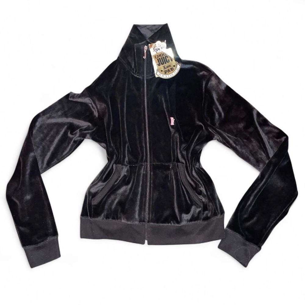 2000s Rare Juicy Couture Black & Pink Velour Full Zip Track Jacket Y2K NWT Dog